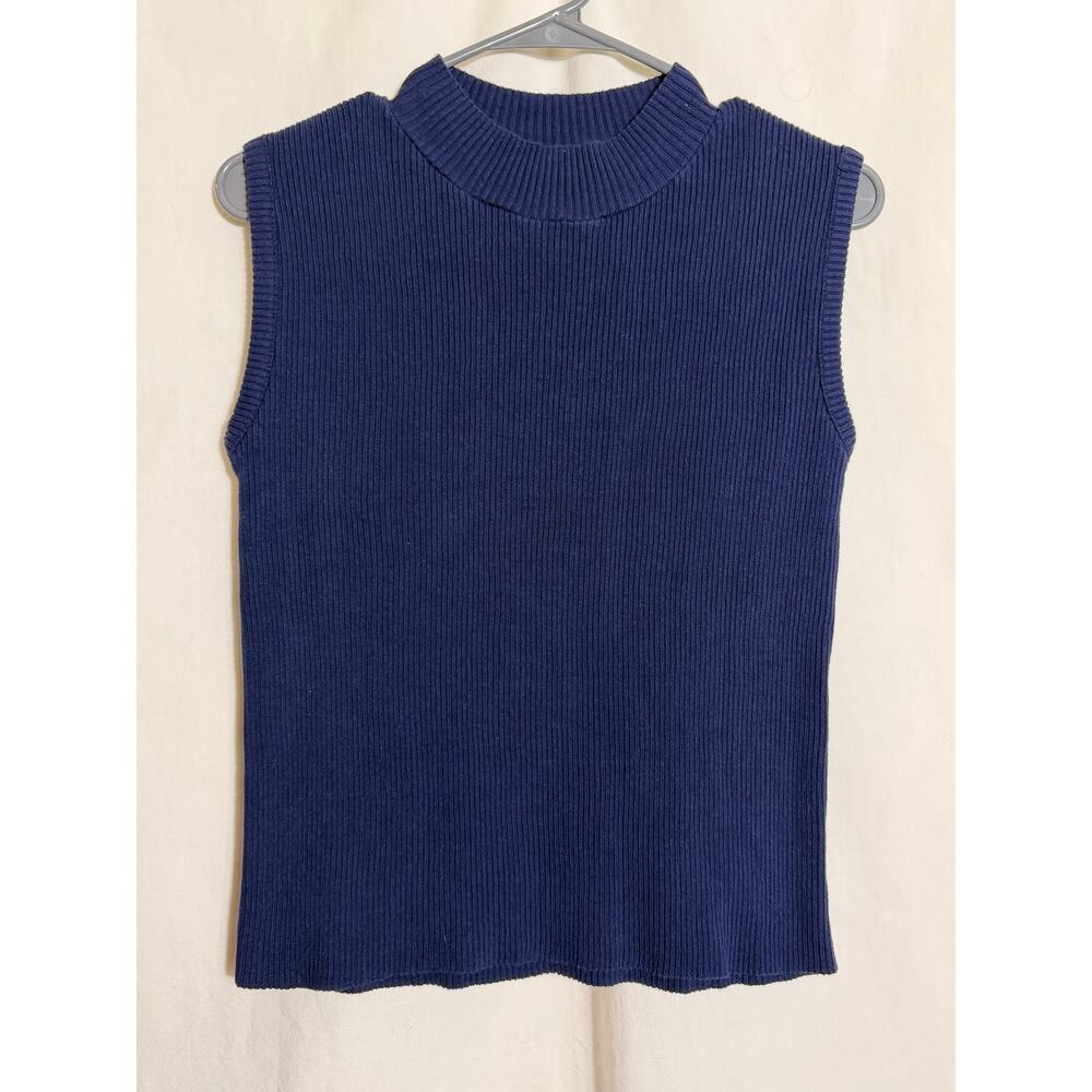 Vintage Knit Stitches USA Cotton Ribbed Mock Neck Sweater Vest Navy Blue M